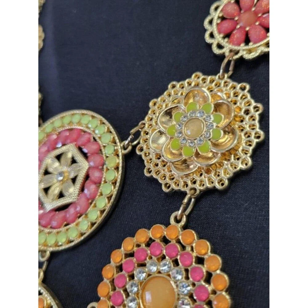 Vintage Mexican Bib Cascade Beaded Pendant Chain Necklace Orange Gold Green Red